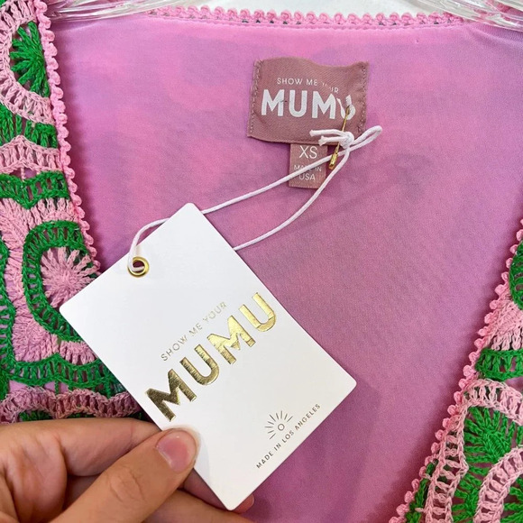 Show Me Your Mumu Treasure Green Pink Crochet Bell Sleeve Mini Dress XS NWT - Picture 5 of 11